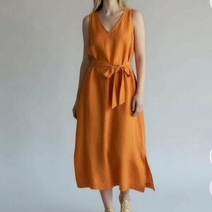 Ann Taylor Linen-Blend Sleeveless Tie-Waist Midi Dress in Burnt Orange